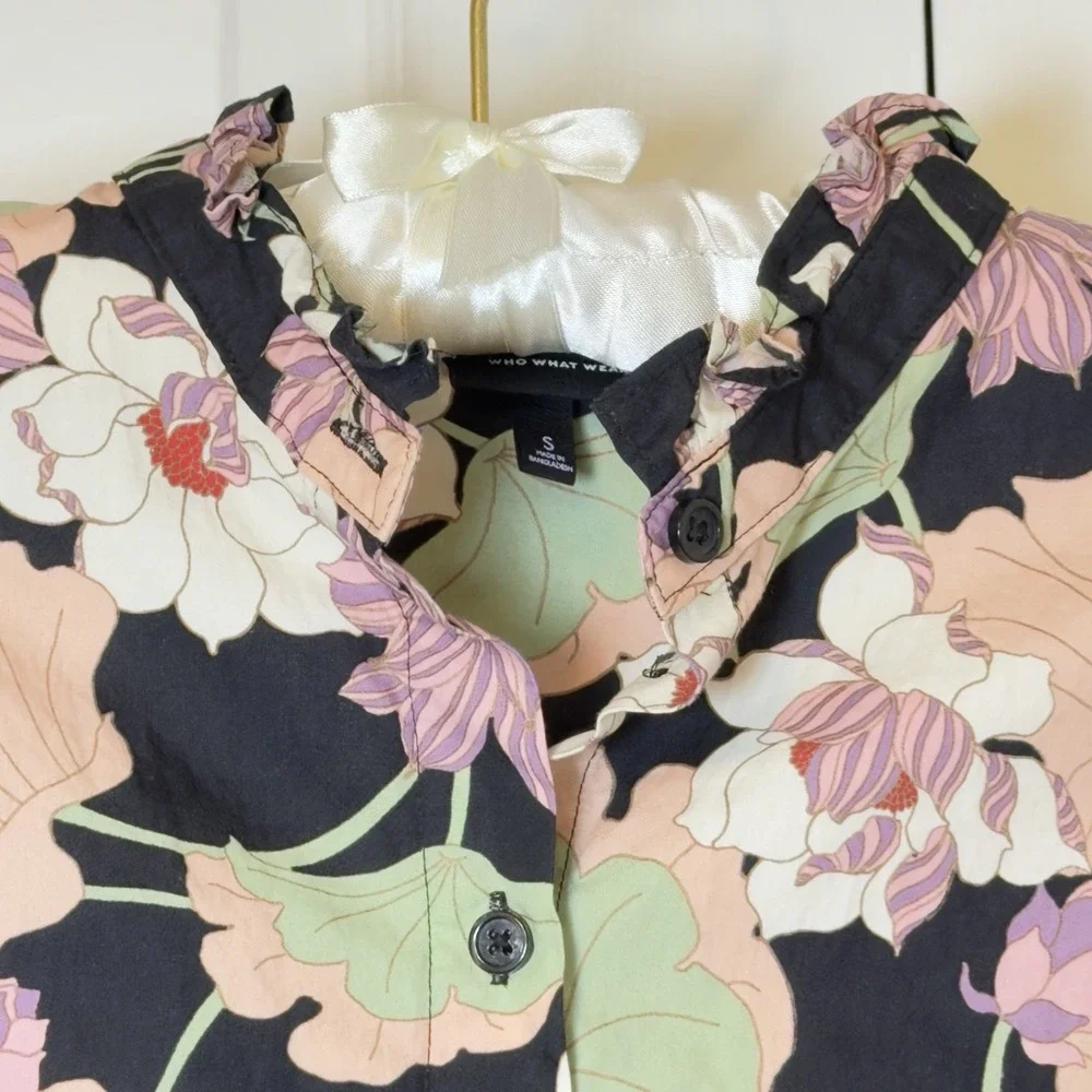 Who What Wear Black Pink Green Floral Blouse Puff Sleeve Ruffle Collar Women's S